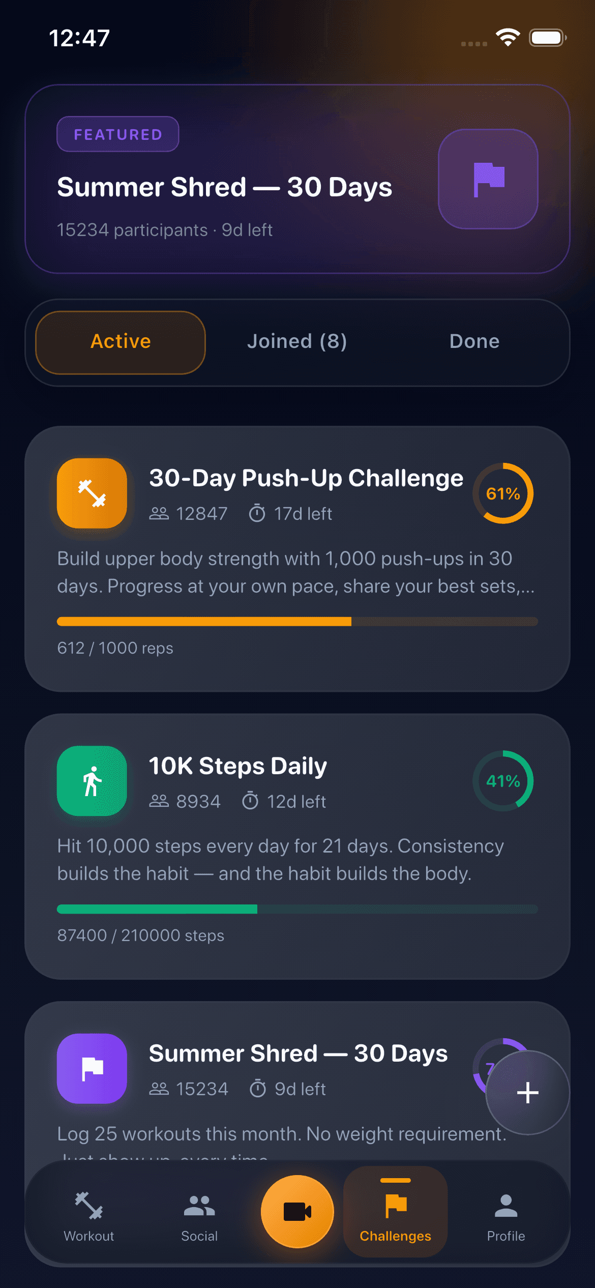 DilFit challenges list with progress towards goals
